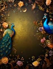 A decorative illustration featuring two peacocks surrounded by floral elements.