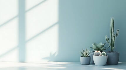Interior scene with potted succulents and cacti.