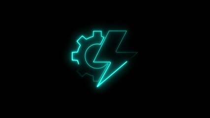 Glowing teal neon gear and lightning bolt icon against a black background - Powered by Adobe