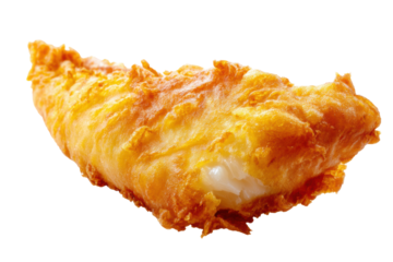 Crispy golden battered fried fish fillet on black background, cut out