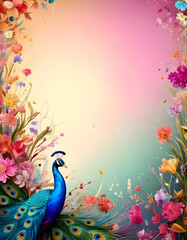 Fototapeta premium A vibrant peacock surrounded by colorful flowers against a soft gradient background.