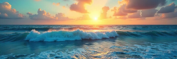 Fototapeta premium Vast, endless Pacific Ocean horizon Sun-kissed waves meet the sky in a breathtaking display of natural beauty Perfect for travel, nature, and serenity themes , tranquil, sky, beach