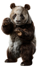 Fototapeta premium Kung Fu Panda: A majestic giant panda stands in a fighting stance, showcasing its powerful build and adorable expression. Its fur is a rich, dark brown.