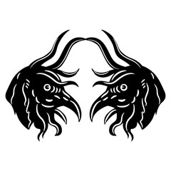 Symmetrical design with two heads of fantastic demons or monsters. Medieval European illuminated manuscript motif. Black and white silhouette.