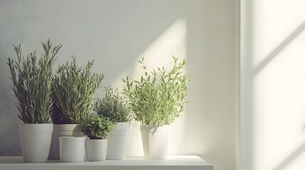 Fototapeta premium Arrangement of potted herbs in a bright room.