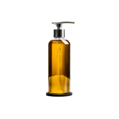 Amber Liquid Soap Dispenser with Silver Pump on Black Background