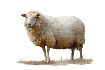 Naklejka premium Fluffy white sheep standing on hay isolated on black background, cut out
