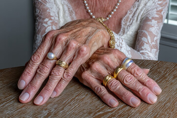 Elegant display of vintage jewelry on delicate hands in bright indoor light