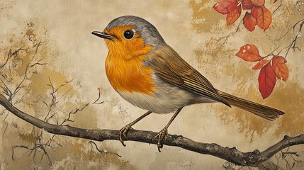 European Robin Perched on Branch with Autumn Leaves Artistic Illustration