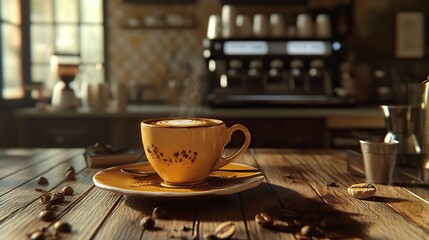 Steaming Coffee Cup on Wooden Table in Cozy Cafe Setting