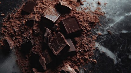 Delicious Dark Chocolate Pieces and Powder on a Marbled Surface Still Life