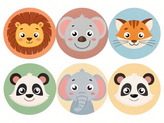 Obraz premium Adorable Cartoon Animal Faces Lion Koala Fox Panda Elephant Perfect for Kids Designs