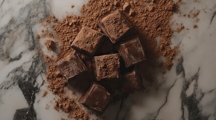 Delicious Chocolate Fudge Cubes Sprinkled with Cocoa Powder on Marble Surface
