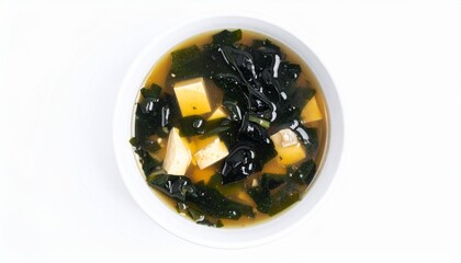 Miso broth with tofu and seaweed isolated on white background for Japanese cuisine or healthy eating concept