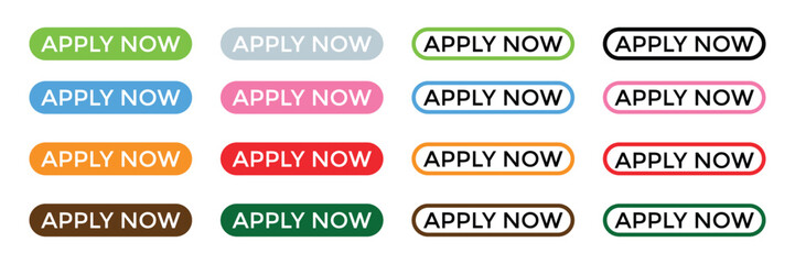 Apply Now Button Icon Set, with Hand Cursor Click – 3D and Flat Vector Styles.