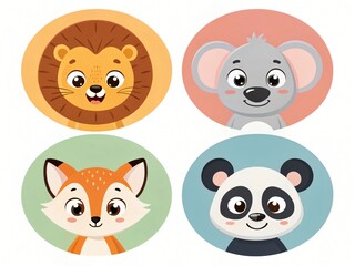 Adorable Cartoon Animals Lion Koala Fox and Panda Set