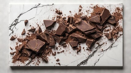 Delicious Dark Chocolate Chunks with Cocoa Powder on Marble Surface