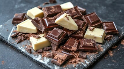 Dark and White Chocolate Pieces Stacked on Slate Serving Board