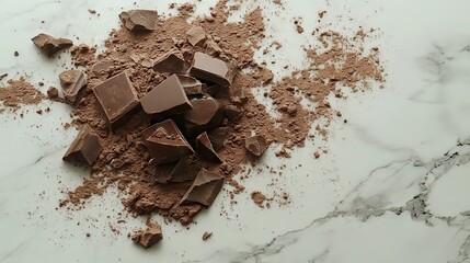 Chocolate Pieces and Cocoa Powder Scattered on a Marble Surface