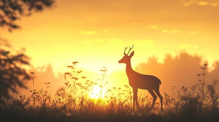 Deer Standing Silhouetted in Field at Beautiful Golden Sunrise
