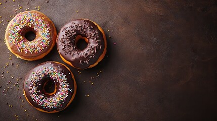 Delicious Assorted Donuts with Chocolate and Sprinkles on Dark Background