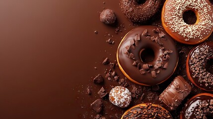 Delicious Chocolate Donuts and Truffles on Brown Background Flat Lay