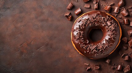 Delicious Chocolate Donut with Chocolate Shavings on Brown Textured Background