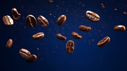 Scattered Coffee Beans Floating on Dark Blue Background for Coffee Ads