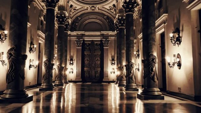Luxurious grand hallway with majestic columns and ornate lighting in motion