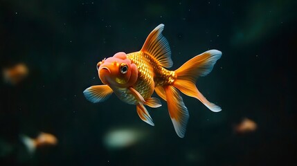Golden Goldfish Swimming in Aquarium with Dark Background and Gentle Lighting
