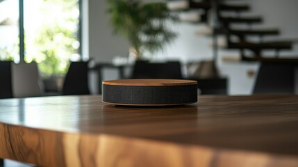 A conference call speaker in the middle of a large wooden table