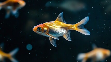Fototapeta premium Swimming Goldfish in Dark Aquarium with Sparkling Water Close Up View
