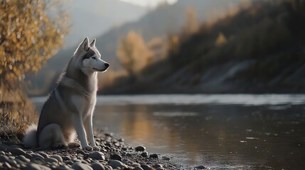 Husky Dog Sitting by Riverbank in Autumn Landscape Looking Away