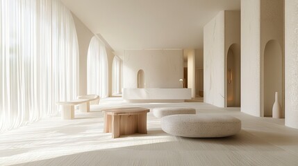 Bright and Airy Lobby Interior with Minimalist Furniture and Arched Windows