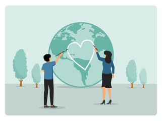 Trying to save planet earth. People Painting a Heart on Globe Represented by Earth with Trees Around.