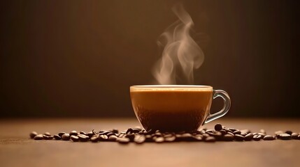 Steaming Cup of Coffee Surrounded by Roasted Beans on Brown Background