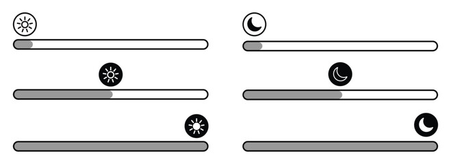 Dark Mode and Brightness Icon Set &ndash; Day and Night Switch with Sun, Moon, and Light Symbols in Outline and Filled Style.