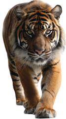 Obraz premium Majestic Tiger Strolling Towards Camera: A strikingly vivid image of a fierce tiger striding confidently towards the camera, a symbol of strength, agility, and the untamed beauty of the wild.
