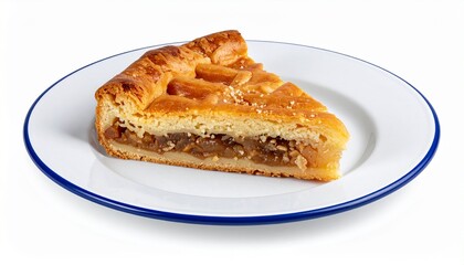 Moroccan bastilla pie slice on plate isolated on white background with full depth of field for Middle Eastern or luxury food concept