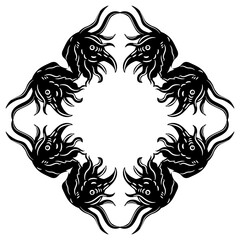 Obraz premium Geometrical frame with heads of fantastic demons or monsters. Medieval European illuminated manuscript design. Black and white silhouette.