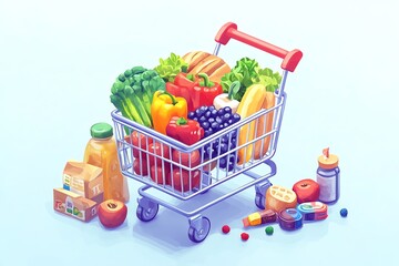 Shopping trolley, basket, bag with grocery food Vegetables, fruits, berries, dairy, bread, past and other groceries, goods Healthy eating  concept Isometric vector illustration