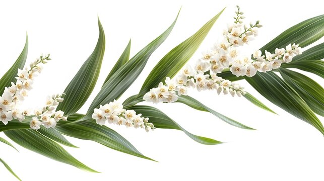 Delicate white flowers and long leaves arranged in a horizontal composition.