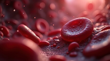 Microphotography close-up of blood platelet activation, clotting process visualized with glowing elements in a dark fluid background