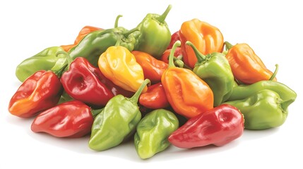 Colorful assortment of peppers displayed against a white background.
