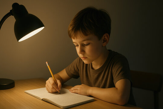 Young boy focused on writing in notebook under warm desk lamp at night