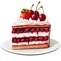 Delicious layered cake slice with berries isolated on white background