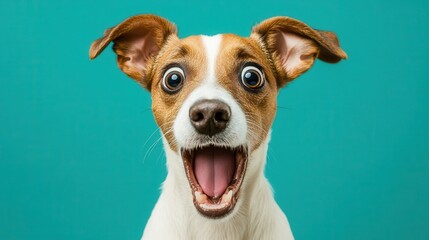 Jack Russell Terrier dog with wide eyes and open mouth looking surprised, shocked or excited