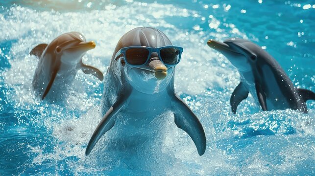 A cool dolphin in sunglasses, riding the waves with a group of other dolphins.