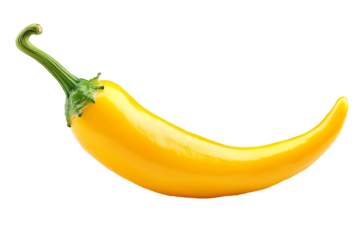 Yellow habanero chili pepper with a vibrant glossy skin and green stem, perfect for spicy food, cooking, and fresh produce themes, isolated on transparent background