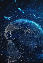 3D digital mesh of Earth with airplane icons in motion Stock